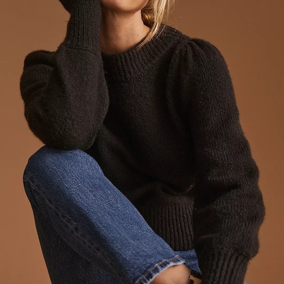 ANTHROPOLOGIE Maeve Puff-Sleeved Ribbed Cotton Long Sleeve Sweater - Picture 1 of 8